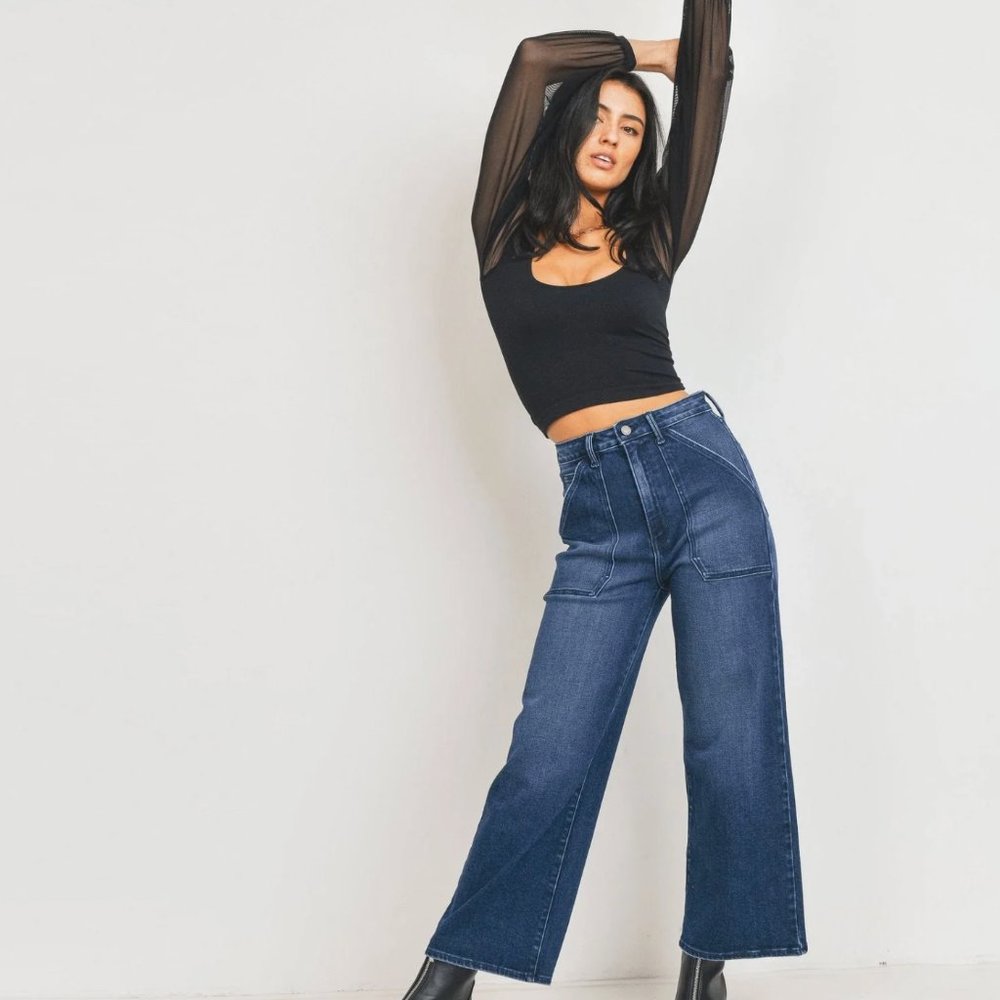 Just Black Denim Women's Cargo Pocket Wide Leg Jeans EJ2 Dark Wash